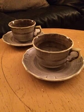 Two Santa Anita Ware Vreni Provincial Apple Brown & White Cups & Saucers