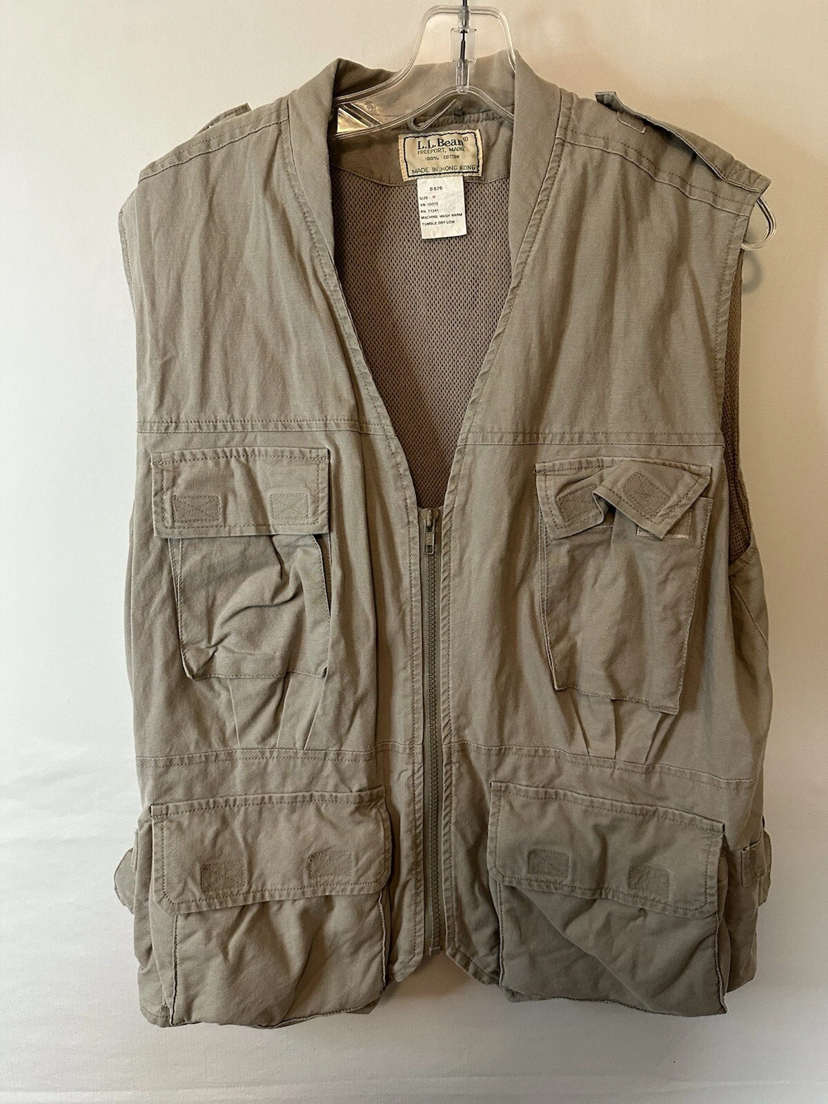 LL Bean Mens Cargo Utility Vest M Khaki Fishing Canvas Hunting Outdoor