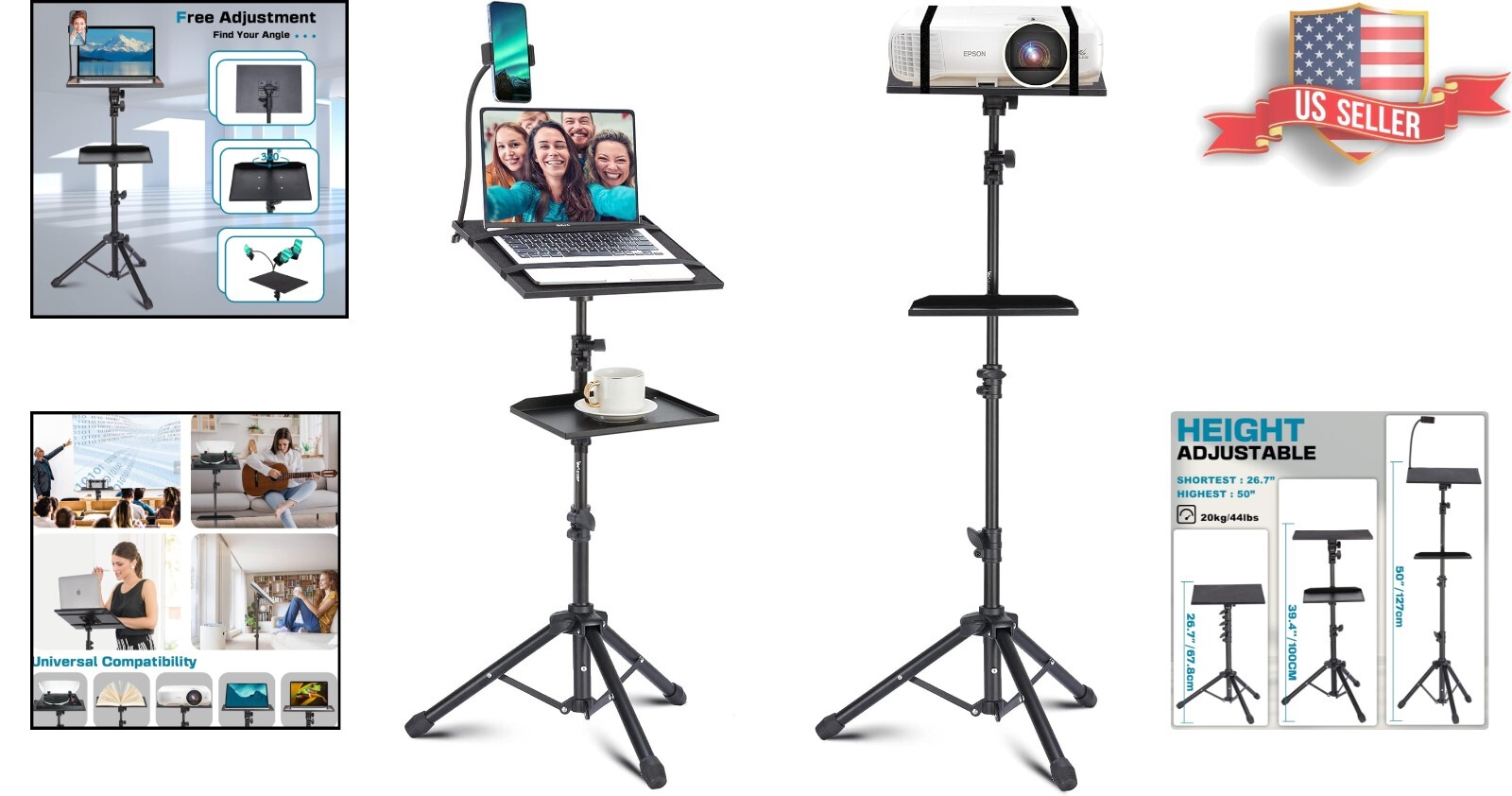 Versatile 50” Projector Tripod Stand with Rotatable Beverage Tray & Phone Holder