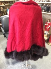 Cashmere Cape Wrap Shawl Red with Fur Trim