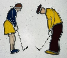 Vintage Stained Glass Leaded Sun Catcher Couple Golf Players 25A