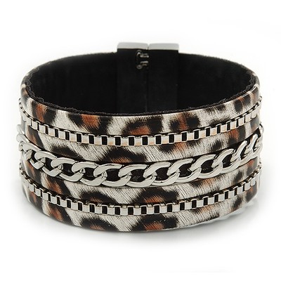 Breites Magnetarmband mit Tiermuster und Kettendetails in silberfarben -