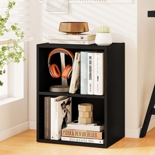 Small Bookshelf 2 Shelf Adjustable 21" Low Wooden Storage Cabinet Black