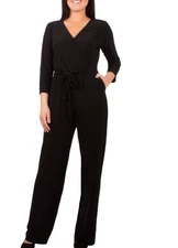 NY Collection Jumpsuit Womens Size Small Petite PS Black 3/4 Sleeve Belted New