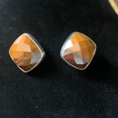 Jay King Mine Finds Sunset Jasper Earrings Cushion Cut Faceted .7'' Estate 925