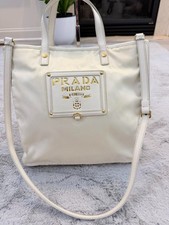 PRADA Tessuto Nylon Logo Tote Bag White Saffiano Leather Trim Shoulder AUTHENTIC