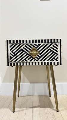 Anthropologie Geometric Nightstand Black White Bone and Wood Optical Inlay