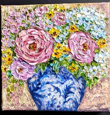  Peony and Hydrangea ORIGINAL Painting OIL impasto  8"x8"by Olga Diduh.