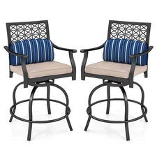 Outdoor Bar Stools Set of 2, Metal Patio Bar Chairs with Cushion & Lumbar Pil...
