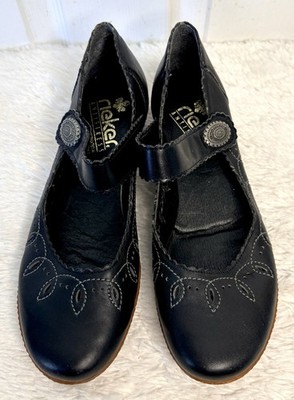 Rieker Germany Antistress  Black Leather Mary Janes Silver Conch Buckles~9 (40)