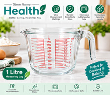 1L Glass Measuring Cup Jug Kitchen Baking Cooking Cup Microwave Dishwasher Safe