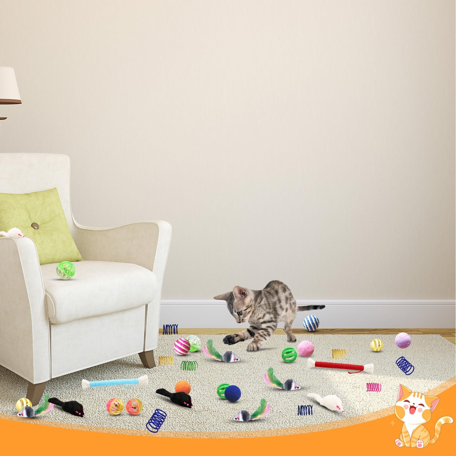 YULOYI Cat Toys for Indoor Cats - 34 Packs Interactive Set with Colorful Spri...