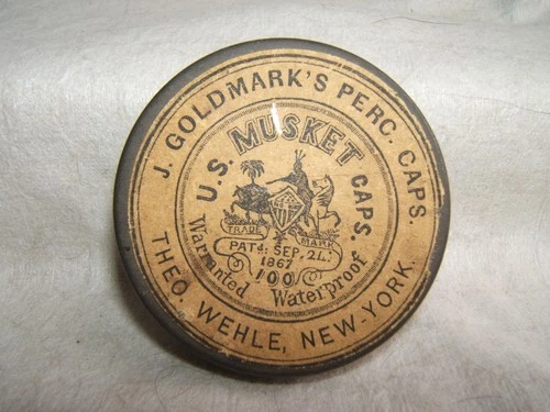 post civil war union us army goldmark's u.s. musket caps tin box container 1867