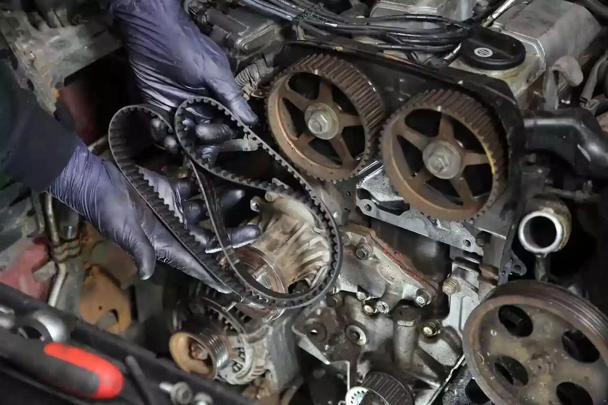 Mechanic removing the timing belt from the crank and cam gears.
