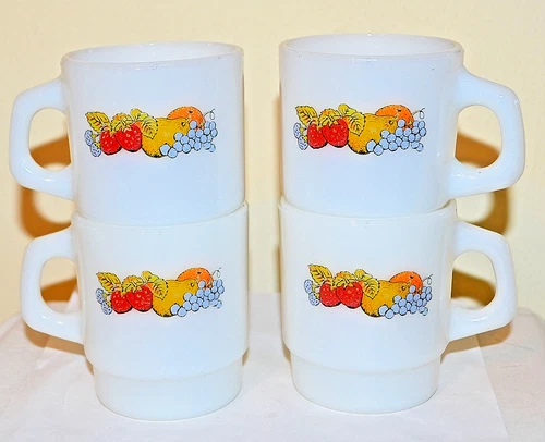 VINTAGE Fire King Set of 4 Fruit Milk Glass Mugs Anchor Hocking Natures Bounty