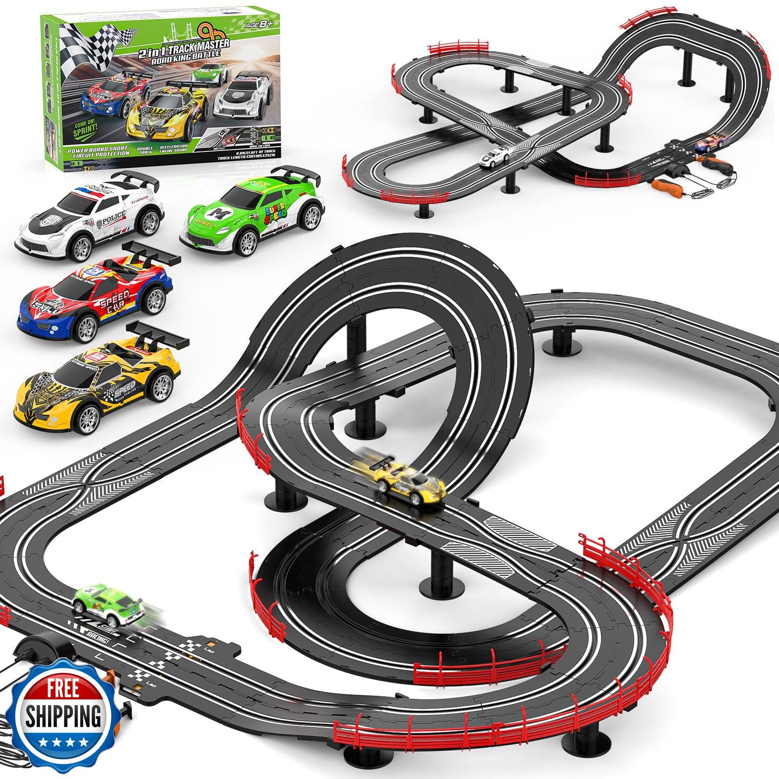 2 in 1 Slot Car Race Track Sets with 4 Slot Cars, 1:43 Electric Car Track for