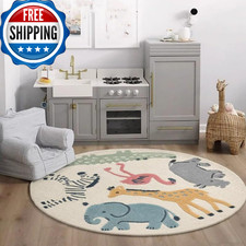 Poowe Cute Animals Kids Room Rug47.2 Round Washable Area Rugs For Baby Boys