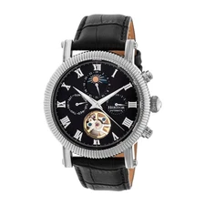 Winston Semi-Skeleton Leather-Band Watch Silver/Black | Black Dial Wristwatch HE