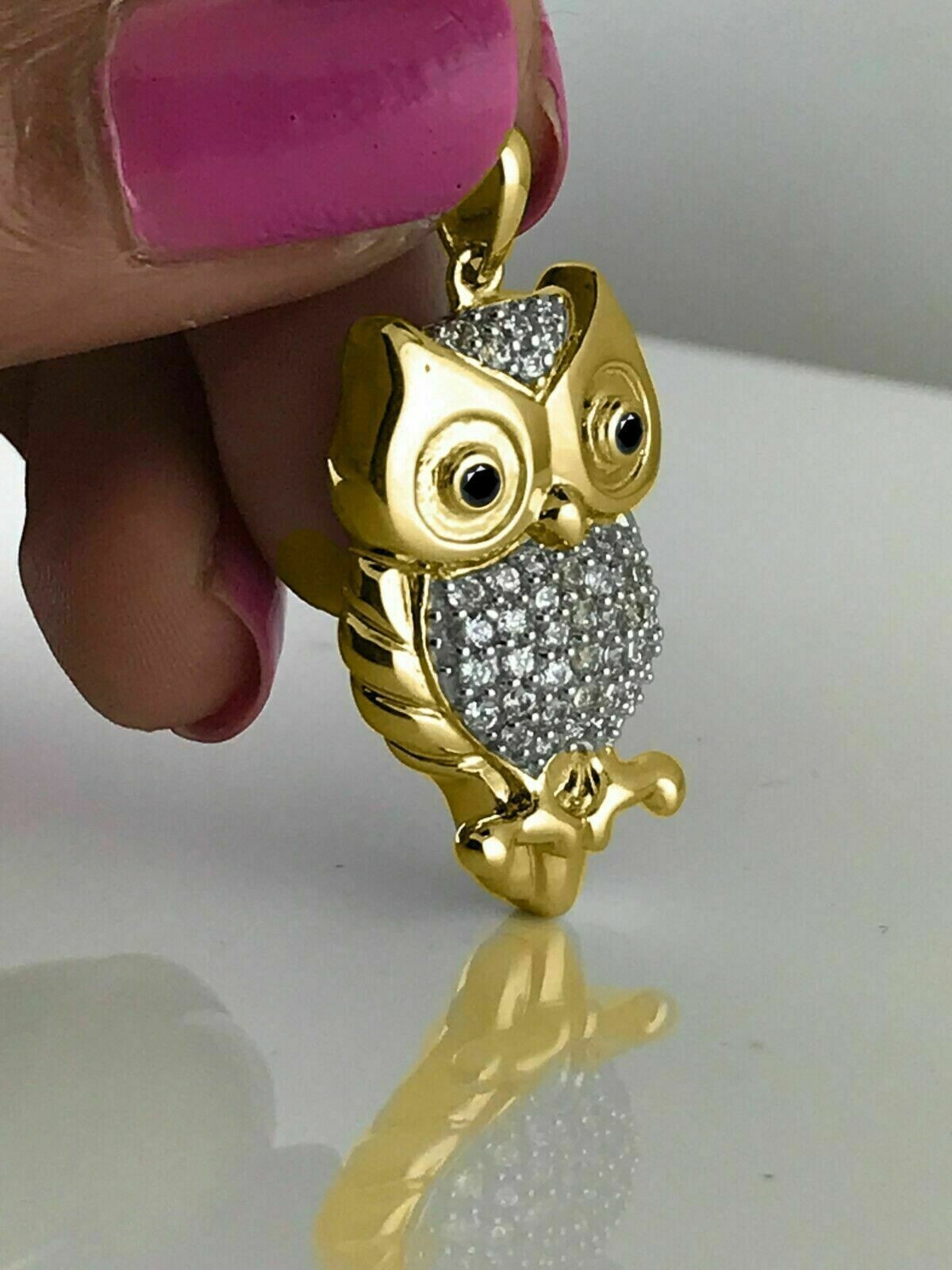 1.25Ct Round Simulated Diamond "OWL" Pendant Necklace 14K Yellow Gold