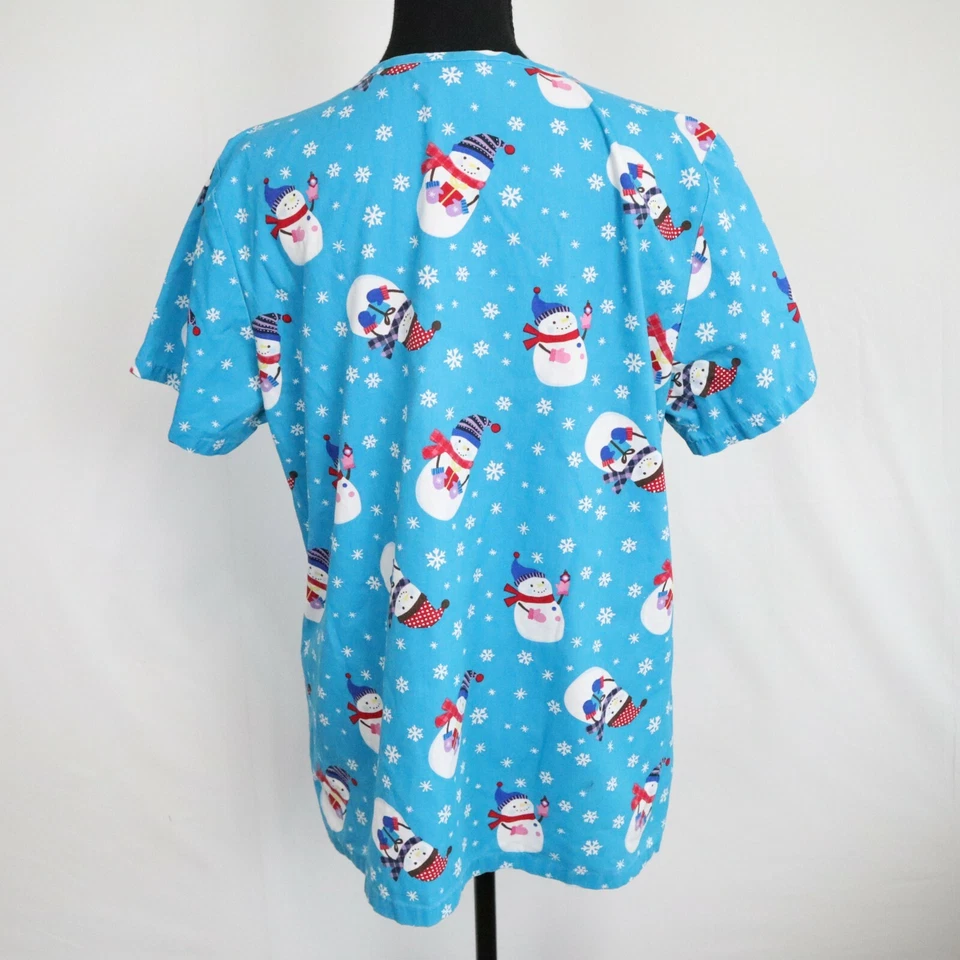 SB Scrubs Top Womens Medium Medical Uniform Blue Snowman Winter Short Sleeve - Image 3 of 4