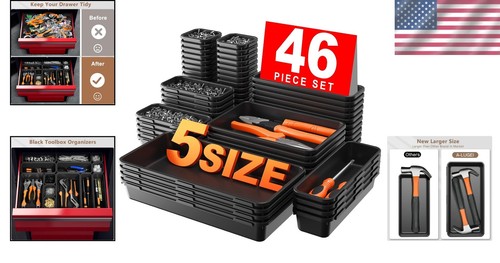 46PC Tool Box Organizer with 5 Sizes - Stylish Black Storage Divider Set - Picture 2 of 9