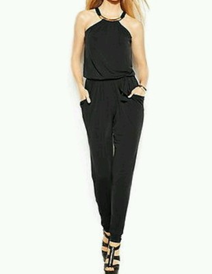 NEW! Michael Kors Black/Gold Slim-Leg Hardware Halter Jumpsuit Size Large 