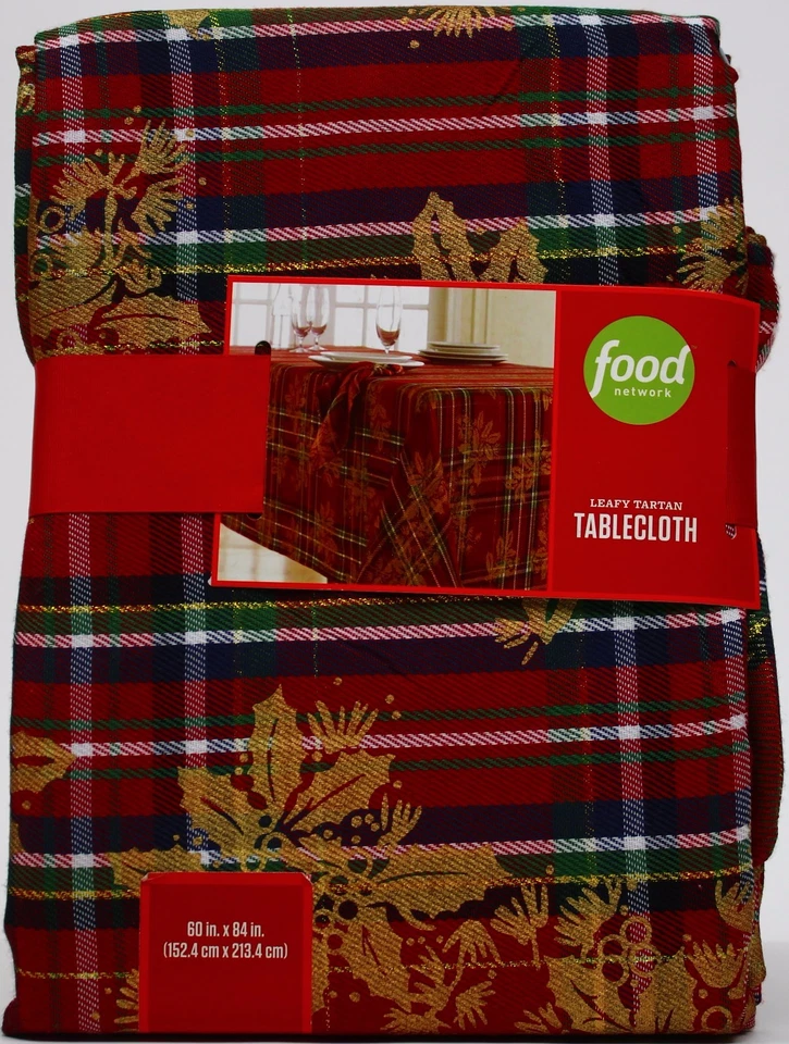 Christmas Food Network Red Green Leafy Tartan Plaid 60x84 Oblong Tablecloth NWT - Image 2 of 2