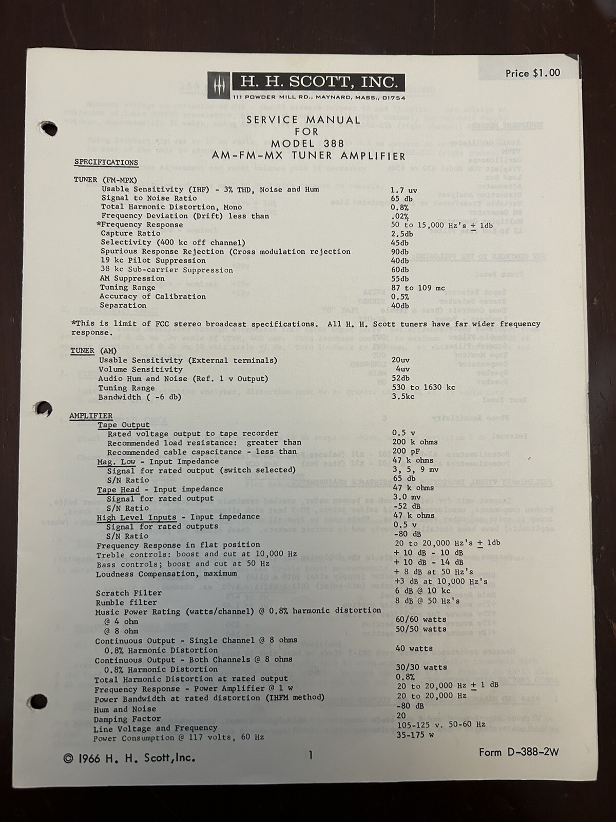 H.H. Scott Model 388 Solid-State Tuner Amplifier Service Manual Original Genuine