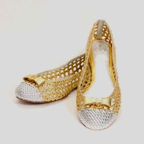 Designer TORY BURCH Ladies Gold/Silver Leather Ballet Flats Shoes 7M