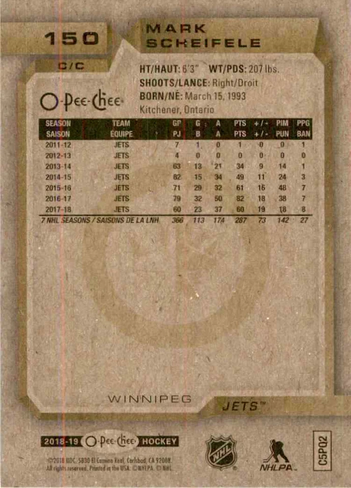 2018-19 O-Pee-Chee Mark Scheifele #150 - Image 2 of 2