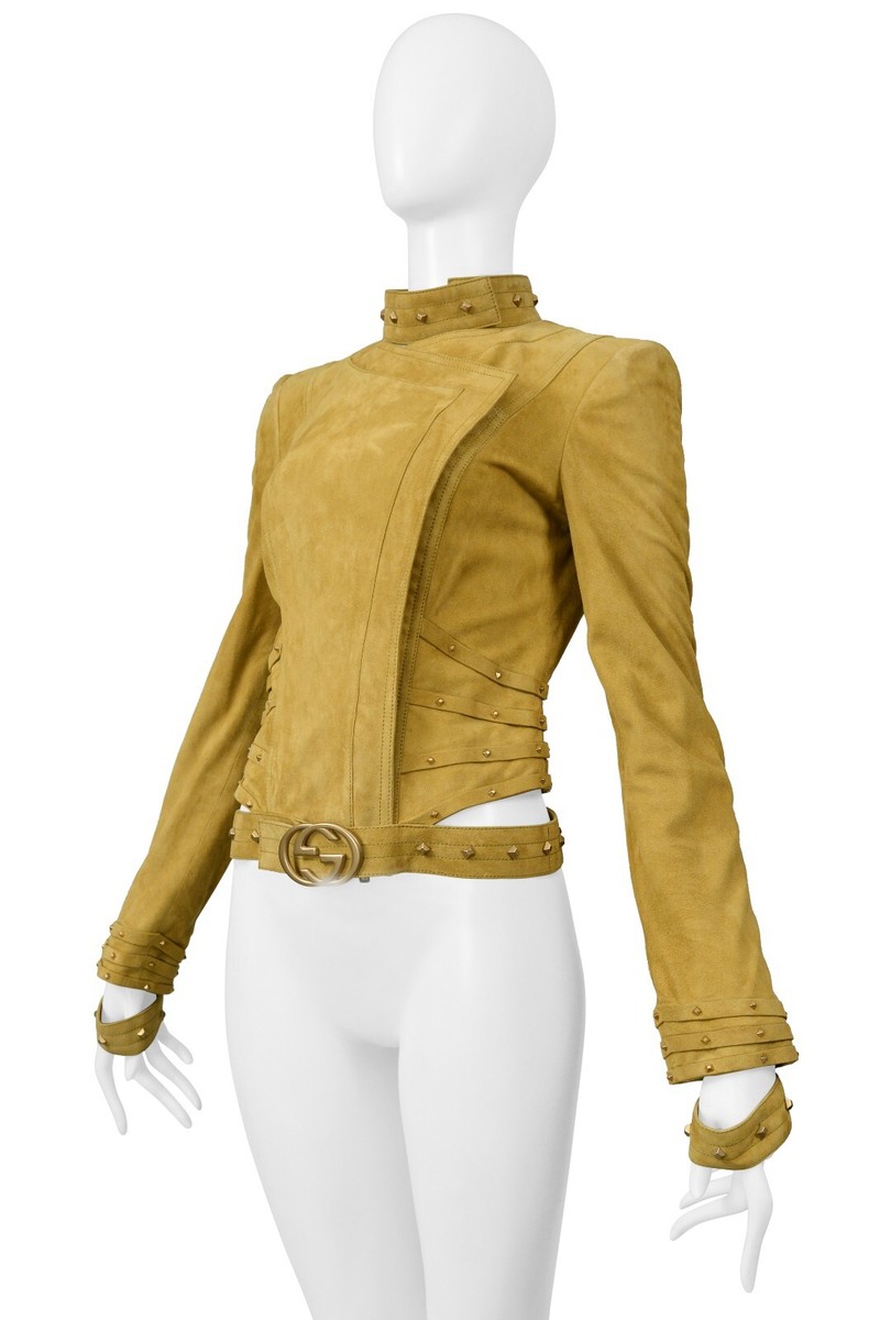 VINTAGE GUCCI BY TOM FORD GOLD SUEDE MOTO JACKET WITH CUT OUTS