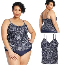Kona Sol Women's Plus Size Shirred Tankini Top in Navy Blue & White Geometric