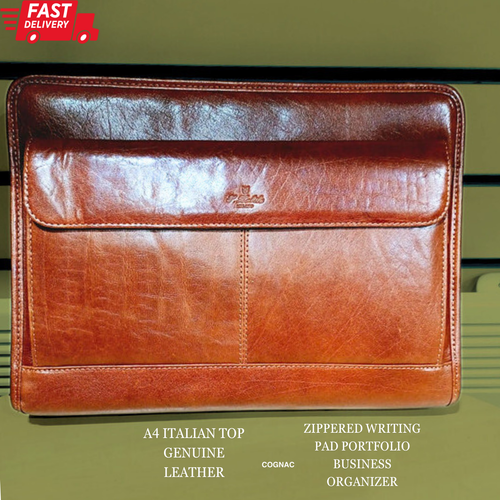 Italian Genuine Cognac Leather A4 Conference Pad with Front Pocket Portfolio UK - Picture 2 of 10