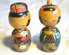 Two Authentic Japanese KOKESHI Wooden Dolls, Japan - 6.5"