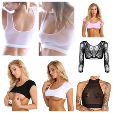 Womens Sexy Transparent Mesh Crop Top T-Shirt Cami Bra Vest Tank Top Tee Blouse 