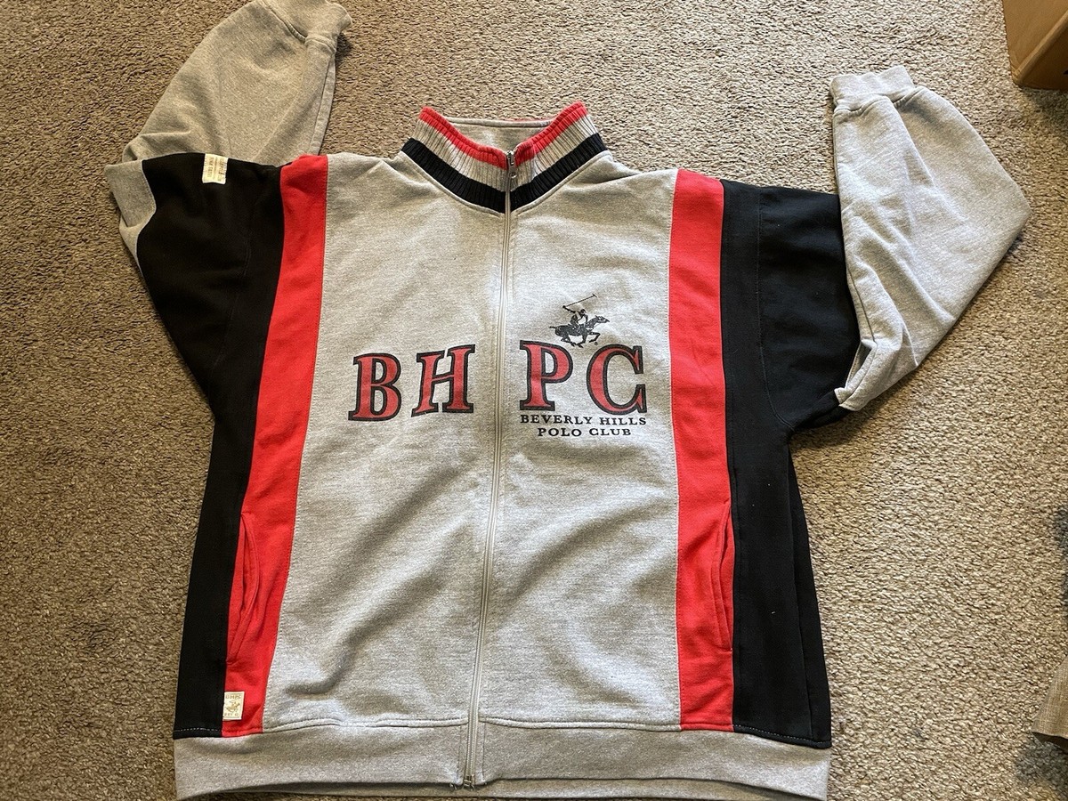 BEVERLY HILLS POLO CLUB Men 2x Acrylic Gray Full Zip Sweater Large Logo  Jacket