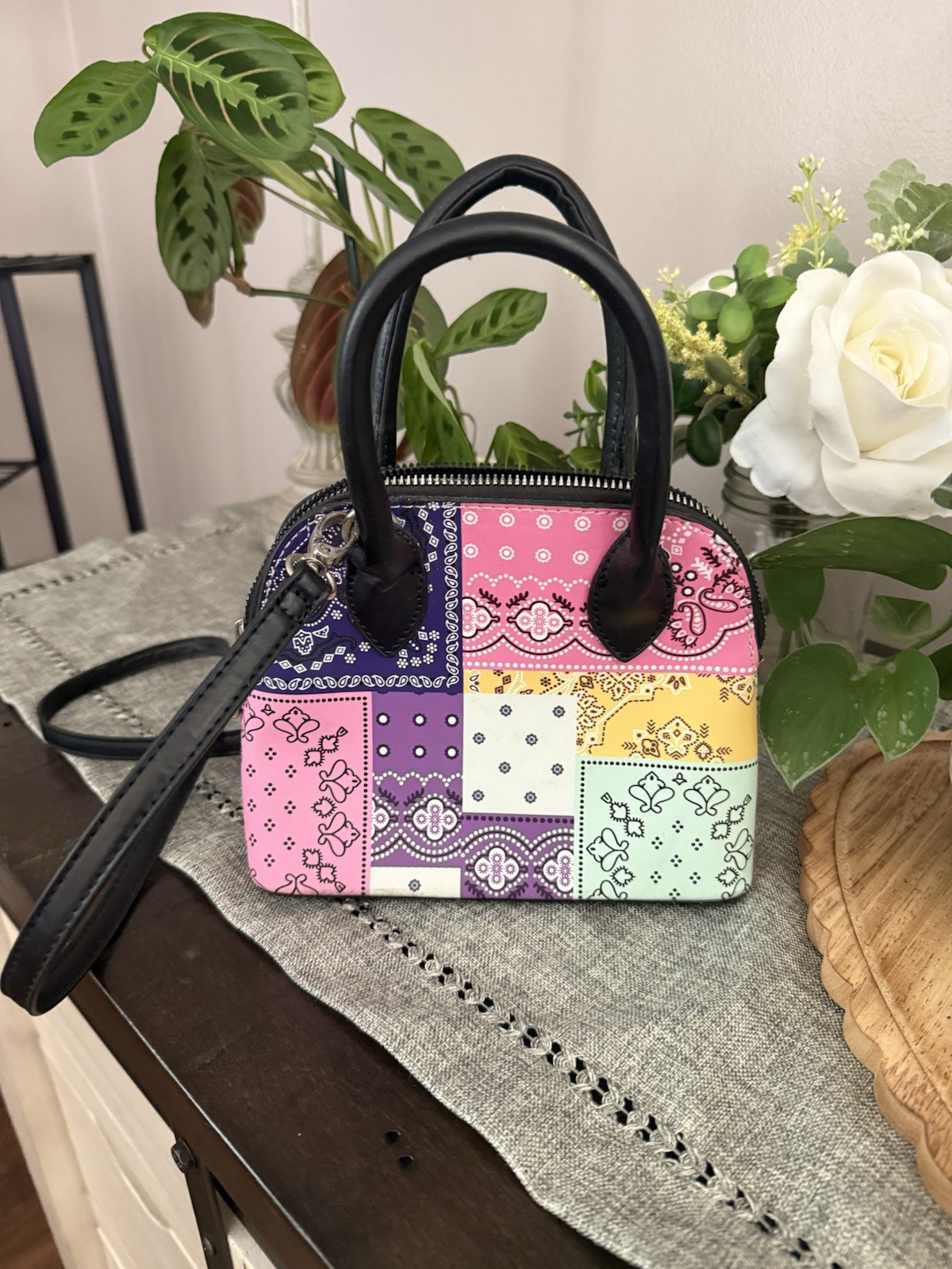 Colorful Patchwork Handbag with Leather Handles - image 2