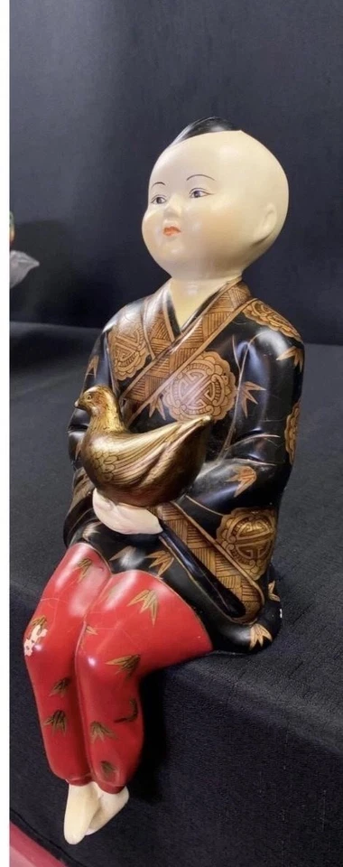 Japanese Vintage Sitting Boy Figurine with Bird – Hand Painted Kimono Robe 12” - Image 4 of 4