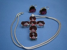 sch&ouml;nes 925 Silber Schmuckset, Kette mit Kreuzanh&auml;nger + Ohrh&auml;nger, rote Steine