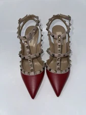 Authentic Valentino Garavani Rockstud Ankle Strap High Heel Pumps Red/Beige 37