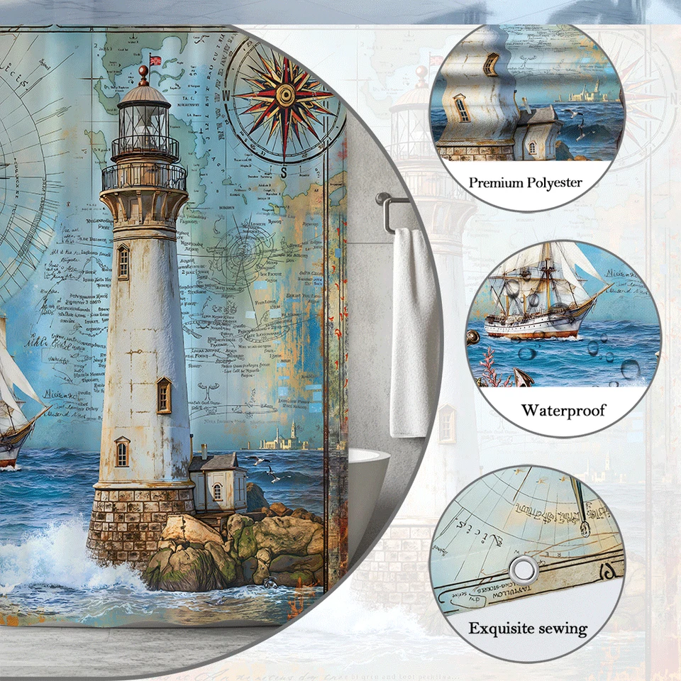 Faro cortina de ducha náutica vintage, diseño de velero, torre costera del océano Foto 4 de 4