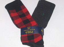 POLO RALPH LAUREN Men's Pony Cotton Buffalo Check Plaid Socks RED, GRAY, 2-PACK