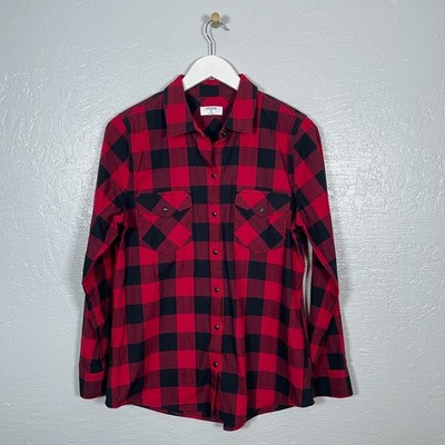 Untuckit Women 10 Red Black Buffalo Check Shirt Snap Front Long Sleeve Flannel