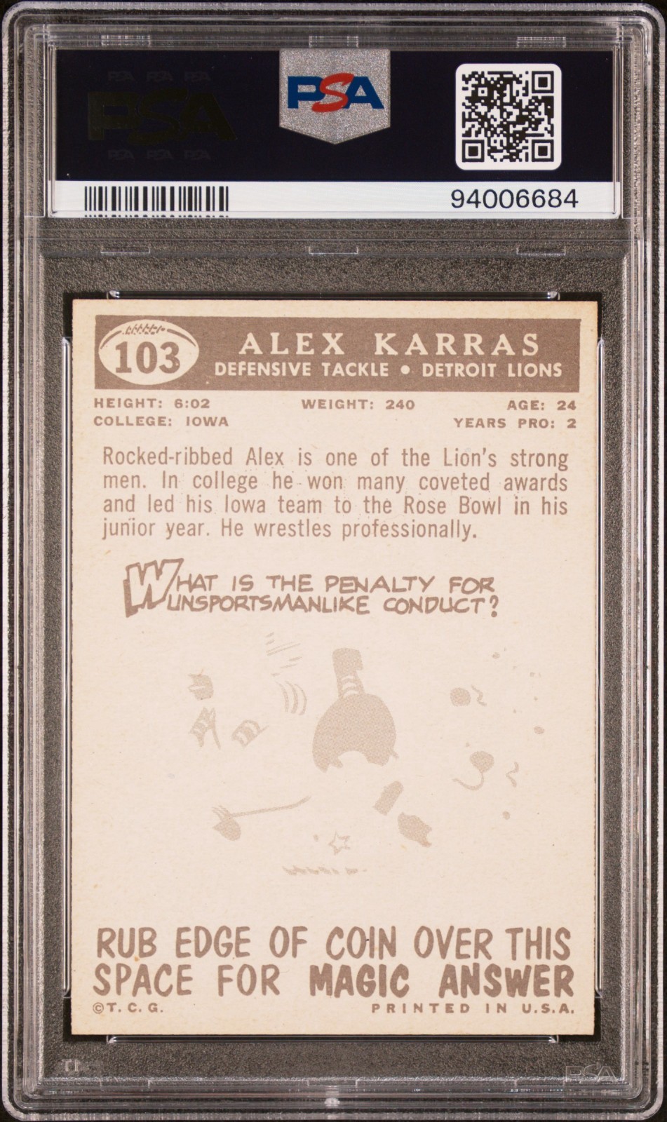 1959 Topps Alex Karras Rookie #103 PSA 9 Mint Low Pop Lions RC Vintage HOF view 5