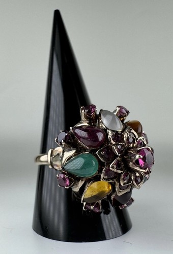 Anello Vintage Oro Giallo 14k Cupola a Livelli Grappolo Principessa Thailandese Harem Multi Gemma - Foto 4 di 21