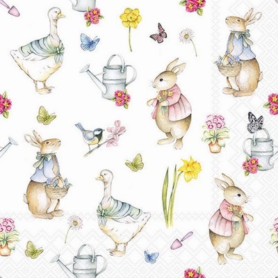 20 Servietten Easter Garden Osterfiguren Blumen Gießkanne Gans Nostalgie 33x33cm