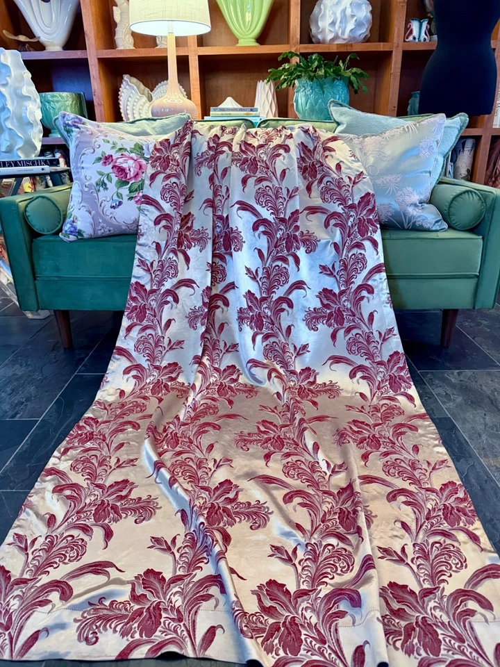 Cortina de cortina vintage Art Deco Orquídeas Merlot plata satinado damasco tela de corteza era Foto 3 de 4