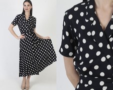 Vtg Navy White Polka Dot Dress Long Cocktail Party Collar Maxi Tea Sundress