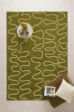 Tappeto moderno in lana trapuntato a mano | Tappeto onda astratta verde oliva