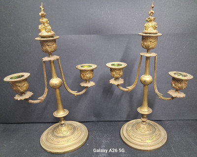 2 Antique Brass Triple Arm Candelabras With Flame Snuffers